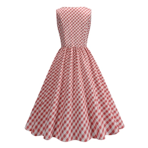 Detail view of the back of a vintage red gingham sleeveless dress with a flared skirt