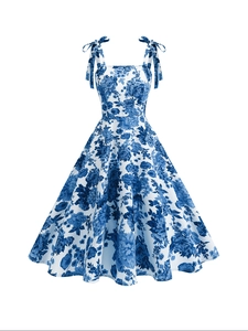 Vintage white and blue floral print midi dress with adjustable bow shoulder straps