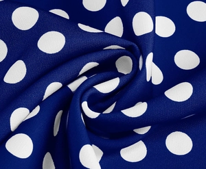 Detailed macro view of navy blue polka dot fabric with smooth texture and drape