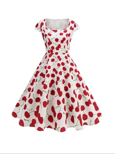 Vintage white A-line dress with red cherry print, square neck and short sleeves