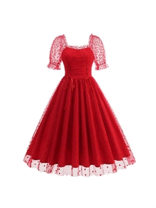 Abito in Mesh Dolce Cuore Vintage Francese Manica a Sbuffo Scollo Quadrato Abito Midi da Donna San Valentino Elegante Abito da Festa