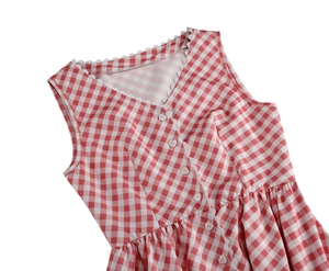 Detail of red gingham dress featuring scalloped V-neckline and heart-shaped buttons