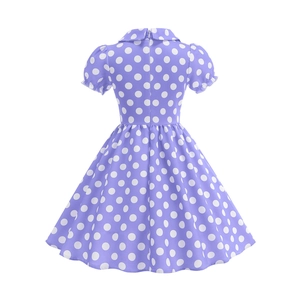 Detail of lavender polka dot dress showing puff sleeves and Peter Pan collar texture