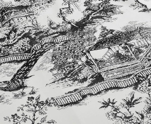 Gros plan sur l'imprimé paysage chinois vintage noir et blanc sur tissu de qualité