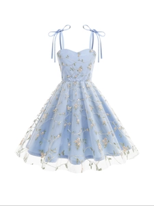 Robe à Bretelles en Maille à Broderie Florale pour Filles Bretelles à Nœud Réglables Encolure en Cœur Ligne A Robe de Princesse