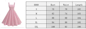 Detailed size chart for pink gingham sundress showing bust and waist measurements in centimeters
