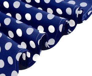 Detail of dark blue polka dot fabric showing pleated texture and wavy hemline