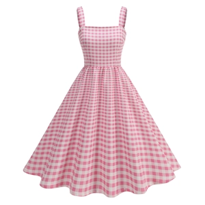 Detailed view of the pink gingham dress featuring a square neckline and wide shoulder straps