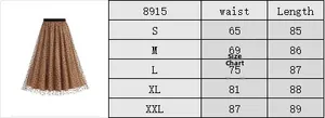 Size chart for polka dot mesh A-line midi skirt with waist and length in S-XXL sizes