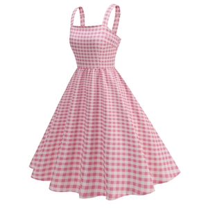 Detailed view of pink gingham pattern and fit-and-flare silhouette on A-line dress