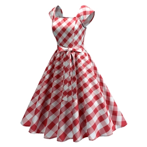 Robe mi-longue rétro à carreaux vichy rouge et blanc avec ceinture à nœud