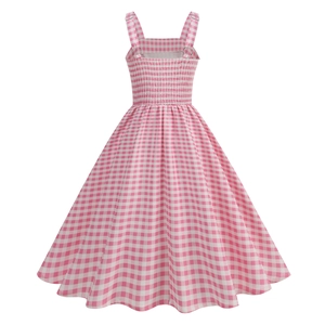 Detail of pink plaid maxi dress showing the elastic shirred back and adjustable straps
