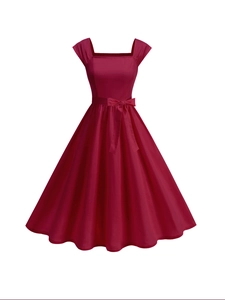 Elegant wine red sleeveless vintage A-line dress with square neck and bow belt