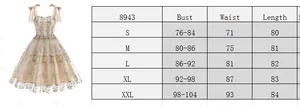 Size chart for vintage embroidered mesh tube dress with bust and waist measurements