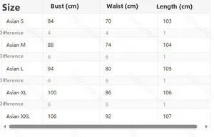Size chart for women's V-neck dress including bust, waist and length measurements in cm