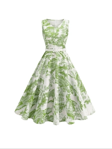 Robe mi-longue trapèze sans manches à imprimé paysage vert avec ceinture blanche