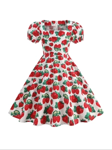 Elegant girls strawberry print dress with puff sleeves and a classic square neckline