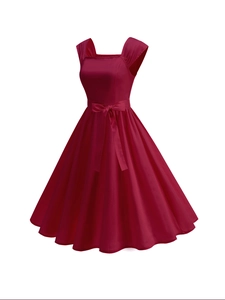 Detail view of burgundy retro sleeveless midi dress with elegant bow waist belt