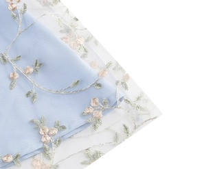 Détail du tissu bleu clair avec tulle blanc et broderie florale délicate de robe
