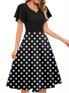Robe Vintage Années 50 Audrey Hepburn à Pois Col en V Manches Courtes Volants Taille Haute Midi Évasée pour Femme