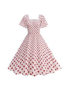 Vintage Heart Print Midi Dress For Women Square Neck Ruffle Short Sleeve Retro Hepburn A-Line Swing Dress Valentine's Day