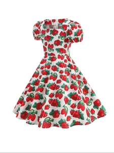Detailed view of kids vintage strawberry print dress with square neck and puff sleeves