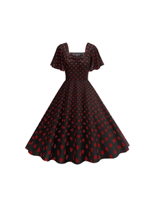 Elegant square neck A-line midi dress with red heart print and ruffle sleeves