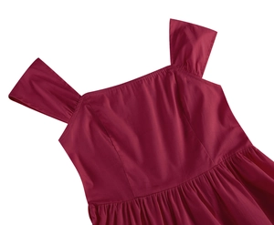 Detail of square neckline and pleated shoulder straps on a dark red cotton sleeveless dress