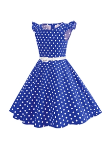 Robe rétro à pois pour filles bleu roi avec manches volantées et ceinture blanche