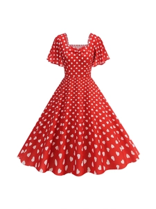 Elegant red A-line midi dress with white heart print and vintage square neckline