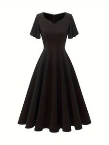 Elegant black V-neck A-line dress with ruffle sleeves and high waist Hepburn style