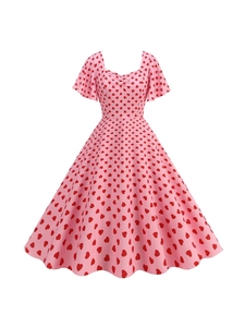 Elegant vintage square neck midi dress with red heart print and ruffled sleeves