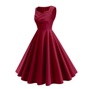 Détail d'une robe trapèze vintage rouge vin avec corsage plissé et design sans manches