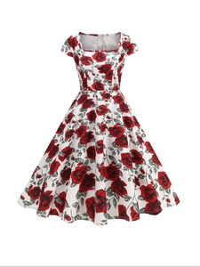 Women Vintage 1950s Retro A-Line Midi Dress Square Neck Short Sleeve Floral Lemon Cherry Print Cocktail Party Swing Dress
