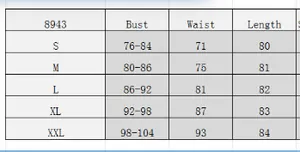 Detailed size chart for floral mesh dress 8943 showing bust waist and length measurements