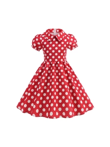 Girls Retro Polka Dot Dress Peter Pan Collar Short Puff Sleeve Sweet Princess Style Kids Summer Party Dress