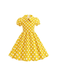 Girl's yellow cotton polka dot dress with Peter Pan collar and puff sleeves