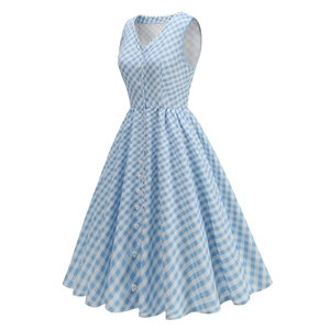 Elegant blue gingham V-neck sleeveless midi dress with lace trim and heart-shaped buttons