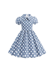 Short sleeve navy blue polka dot cotton dress for girls with Peter Pan collar and puff sleeves