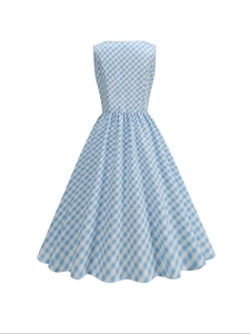Detail of elegant V-neck gingham dress with delicate lace trim and pleated waist