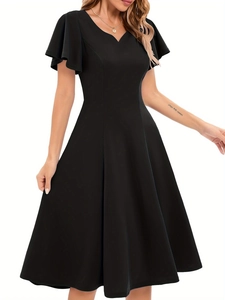 Detail of elegant V-neck and flutter sleeves on a slimming black A-line midi dress