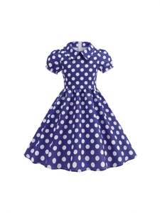 Navy blue polka dot cotton dress for girls with retro Peter Pan collar and puff sleeves