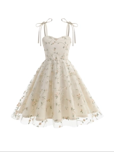 Robe de princesse en tulle brodé pour filles avec bretelles à nœuds en couleur beige