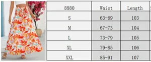Tableau des tailles détaillé pour robe longue évasée à fleurs modèle 8880 avec mesures