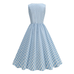 Detail of blue and white gingham vintage dress showing lace trim neckline and pleated waist