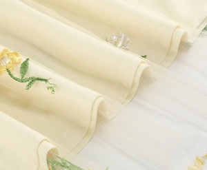 Detailed macro view of yellow floral embroidery on delicate mesh fabric layer
