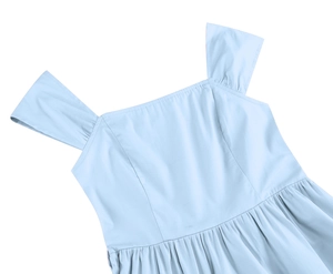 Close-up of light blue cotton dress showing square neckline and pleats detailing