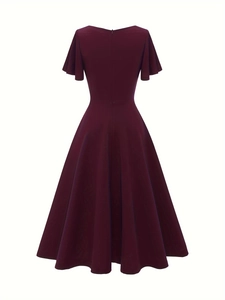 Burgundy short sleeve V-neck maxi dress with A-line skirt and back zipper detail
