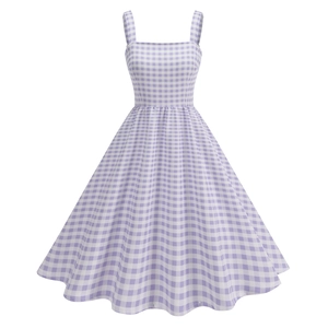 Detail of lavender gingham maxi dress with square neck and wide shoulder straps