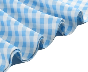 Close-up detail of blue and white gingham dress fabric with pleated edge and fine stitching